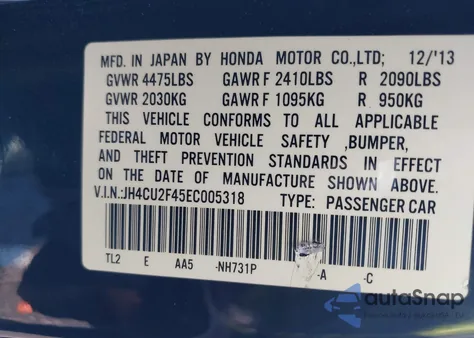 2014 Acura Tsx 2.4 from USA, damaged, VIN JH4CU2F45EC005318